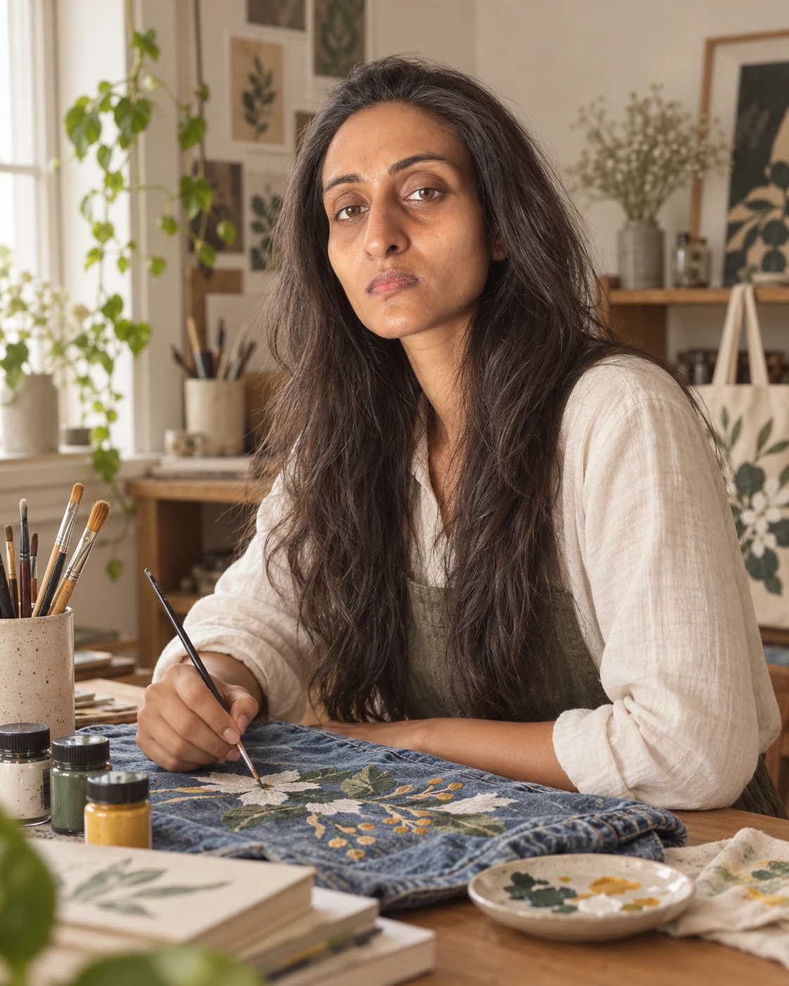 Shreya hand-painting a denim piece in her studio in Rajkot