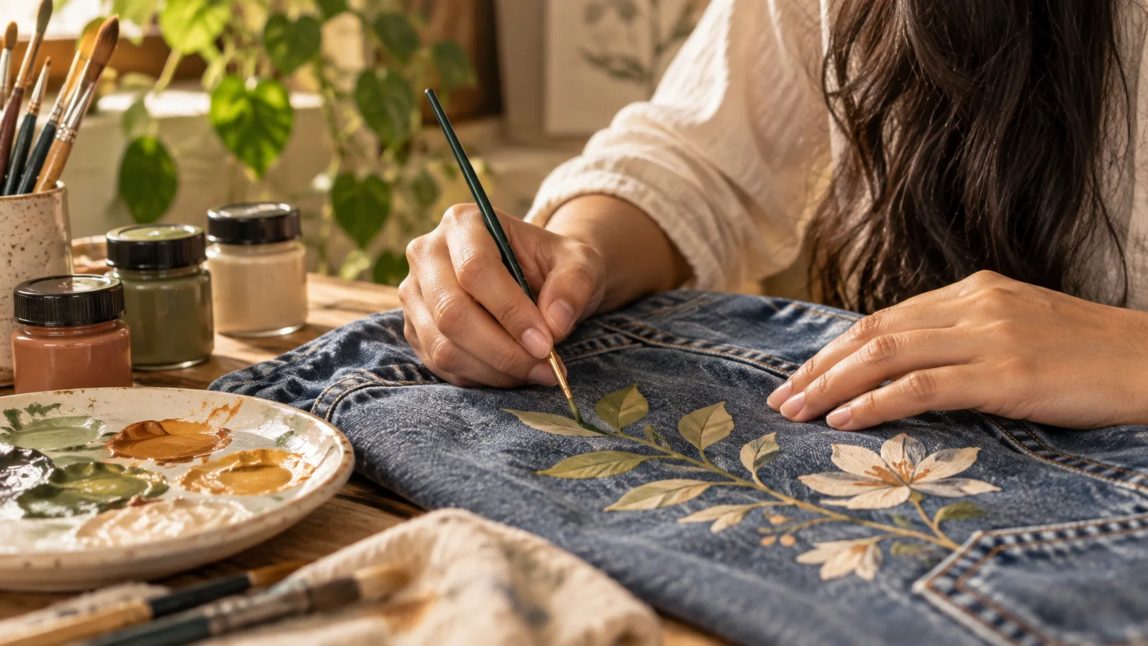 A fine brush painting a botanical design by hand onto blue denim