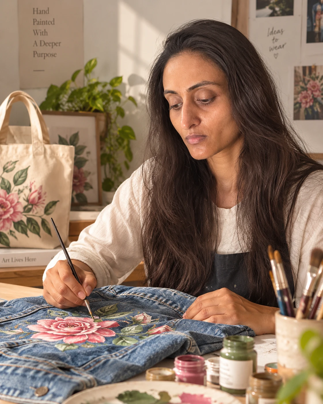 Shreya hand-painting a floral design on a denim jacket in her studio