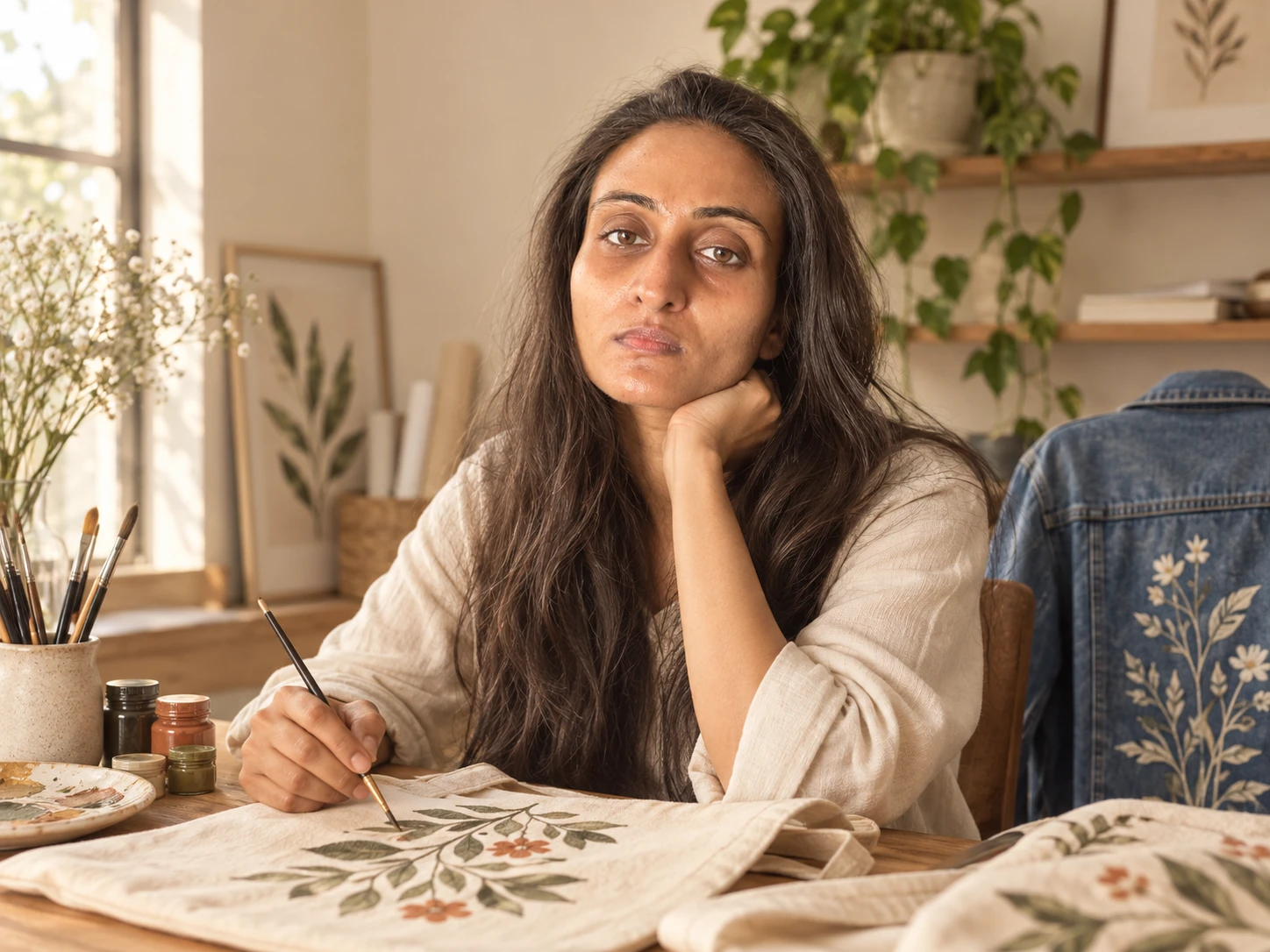 Shreya in her studio with hand-painted artwork and painting materials