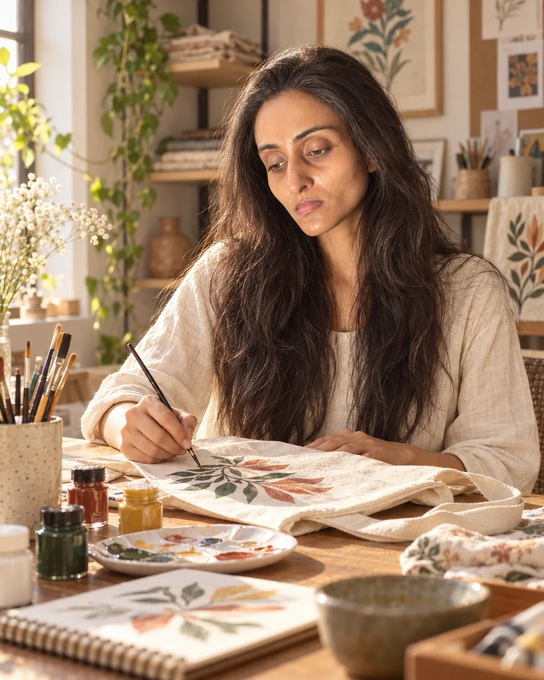 Shreya hand-painting a floral design in her studio with brushes and fabric paints