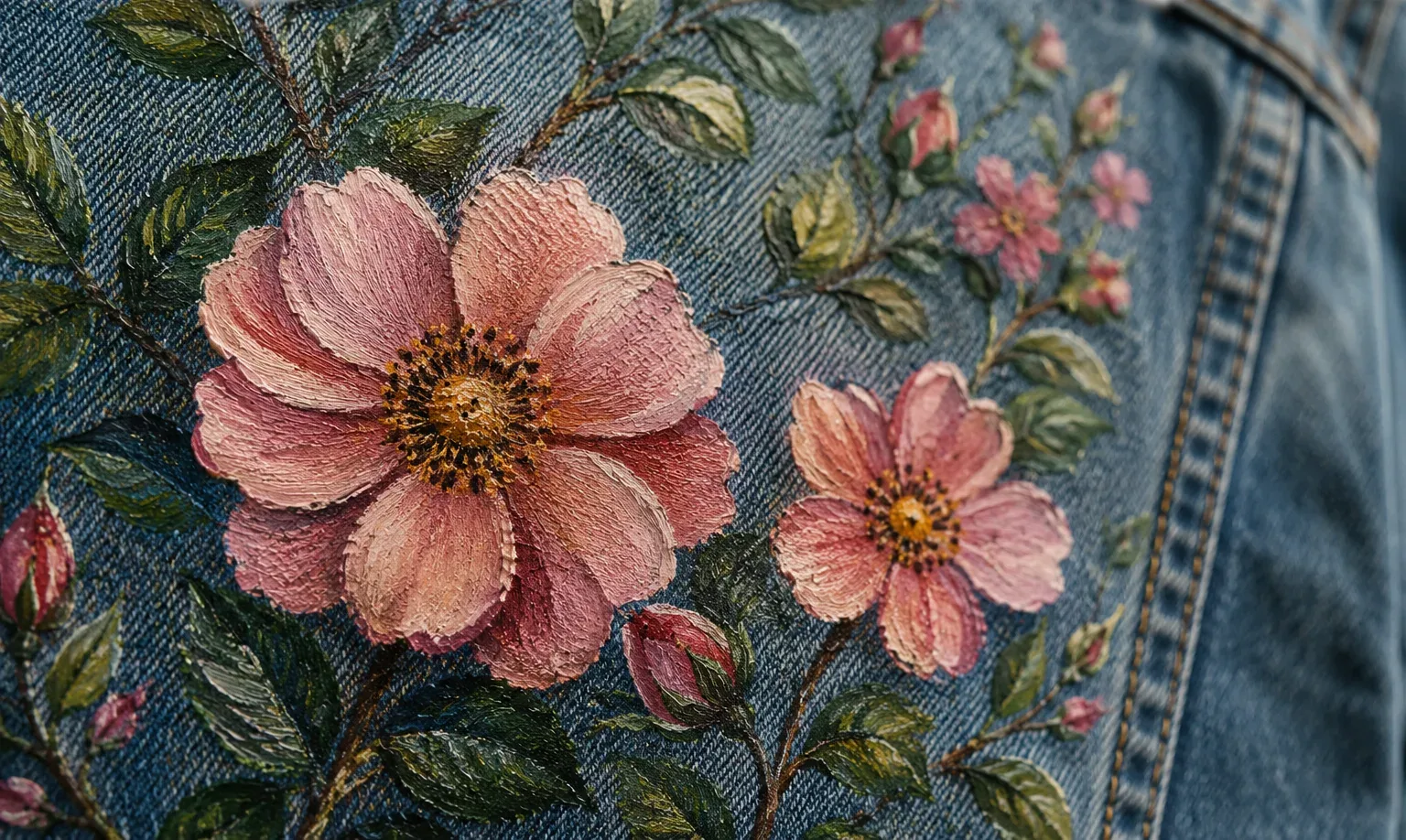 Close-up of the hand-painted wild rose artwork on denim, showing brush strokes and raised paint texture.