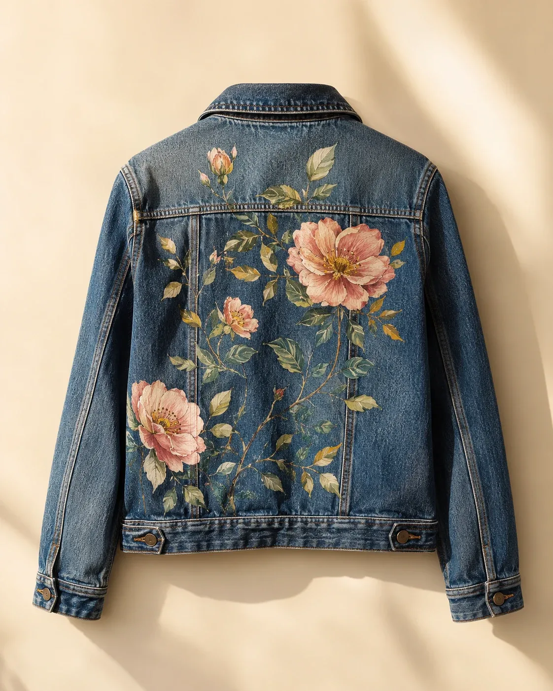 A blue denim jacket hand-painted with a wild rose design across the back, laid flat on a warm ivory background.