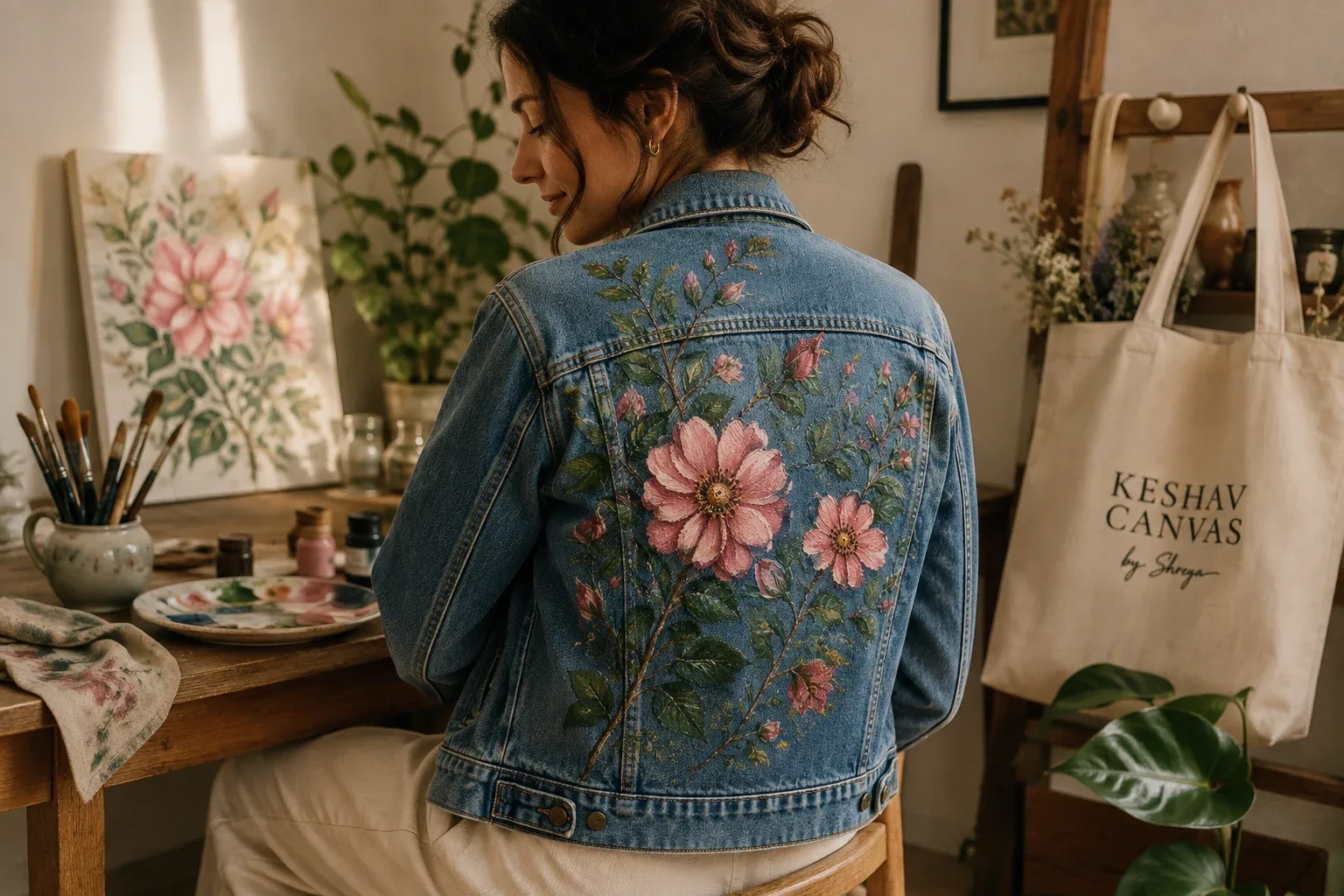 A woman in a sunlit studio wearing a denim jacket hand-painted with wild roses across the back.