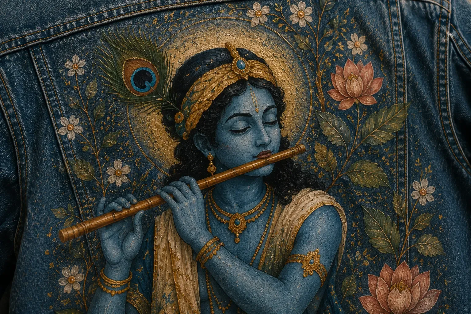 Close-up of the hand-painted Krishna artwork on denim, showing fine gold detailing and brushwork.