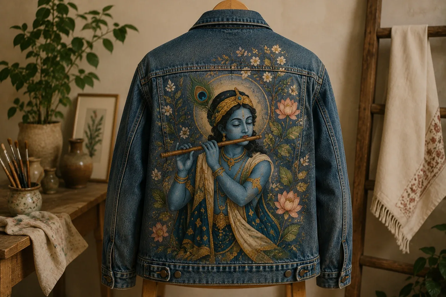 A denim jacket on a wooden stand, hand-painted with Krishna playing the flute among lotus flowers and peacock feathers.