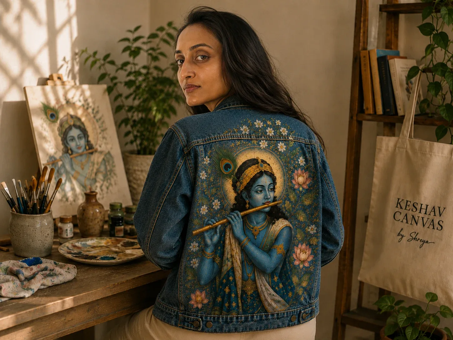 A woman in a studio wearing a denim jacket hand-painted with Krishna playing the flute, looking back over her shoulder.