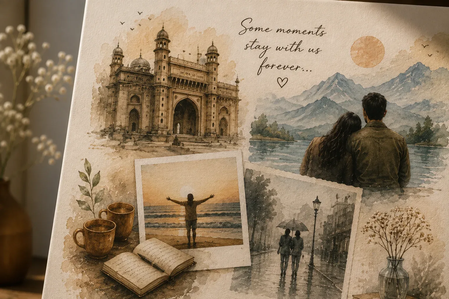 Close-up of the memory collage canvas showing watercolour texture and hand-lettered script.