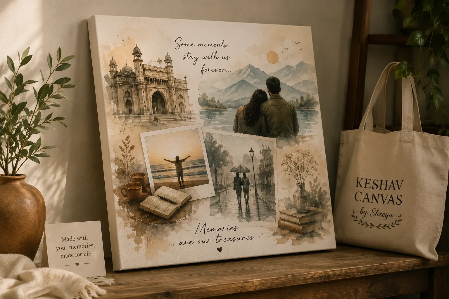 A memory collage canvas on a wooden shelf, hand-painted in soft watercolour with travel scenes and hand-lettered words.