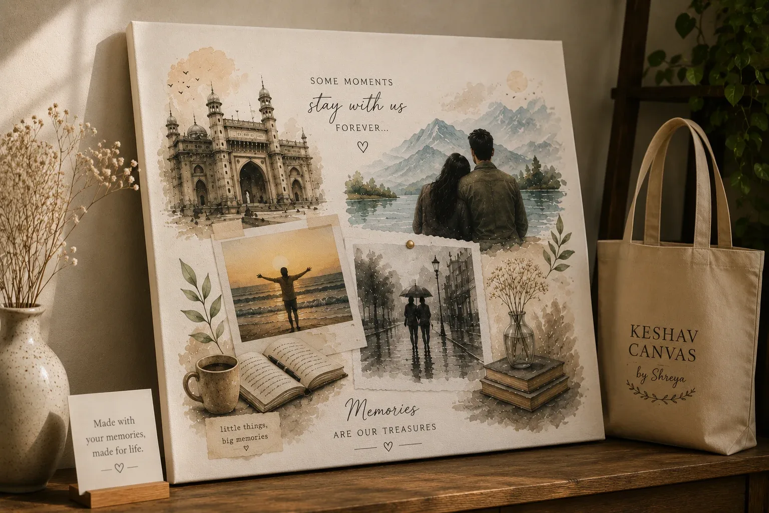 A memory collage canvas displayed on a shelf beside a Keshav Canvas tote bag.