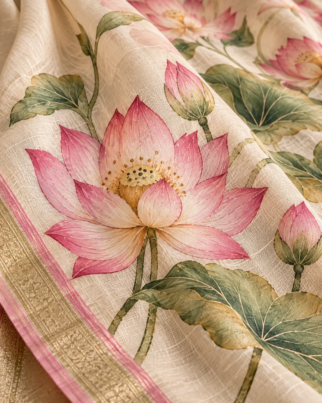 Close-up of a hand-painted pink lotus on cream silk, showing the brushwork and the weave of the fabric.