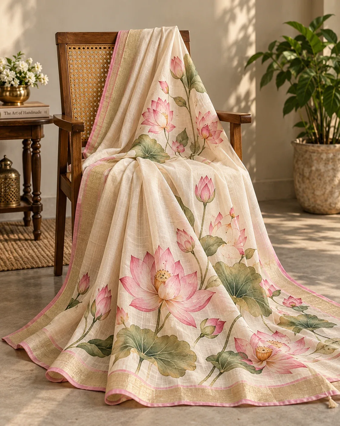 A cream silk saree draped over a wooden chair, hand-painted with pink lotus flowers and green lily pads along the border.