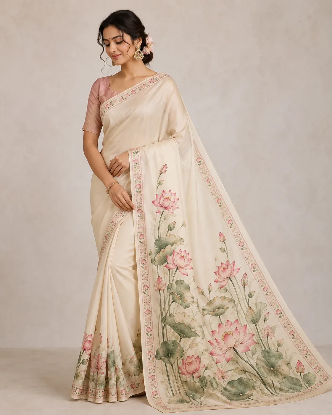 A woman wearing a cream silk saree hand-painted with pink lotus flowers along the pallu.
