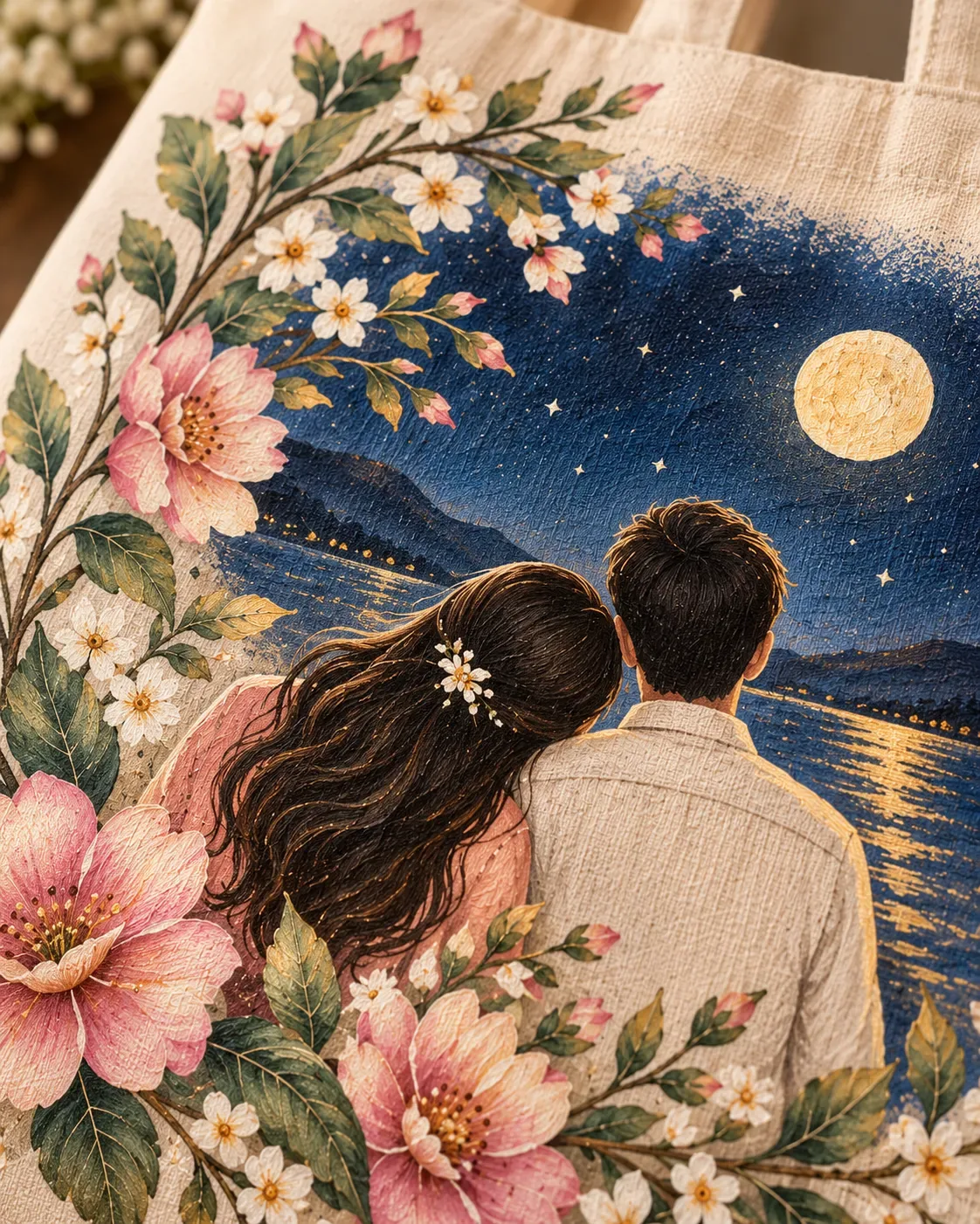 Close-up of the hand-painted moonlit scene on canvas, showing brush texture in the night sky and flowers.