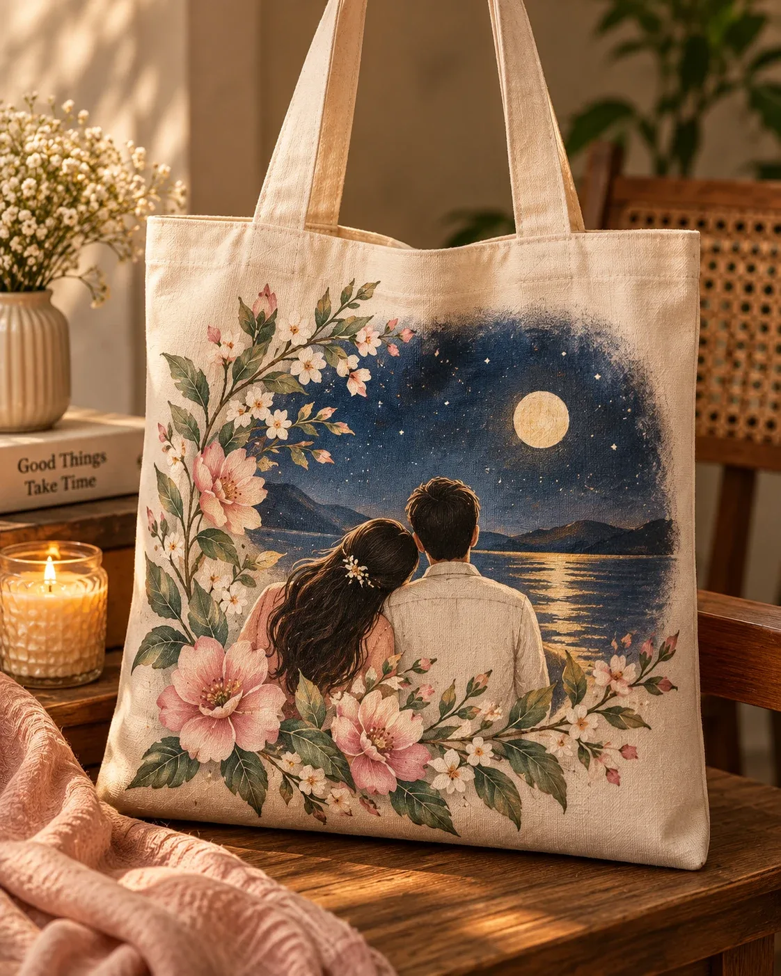 A natural canvas tote bag hand-painted with a couple sitting under a full moon, framed by pink blossoms.