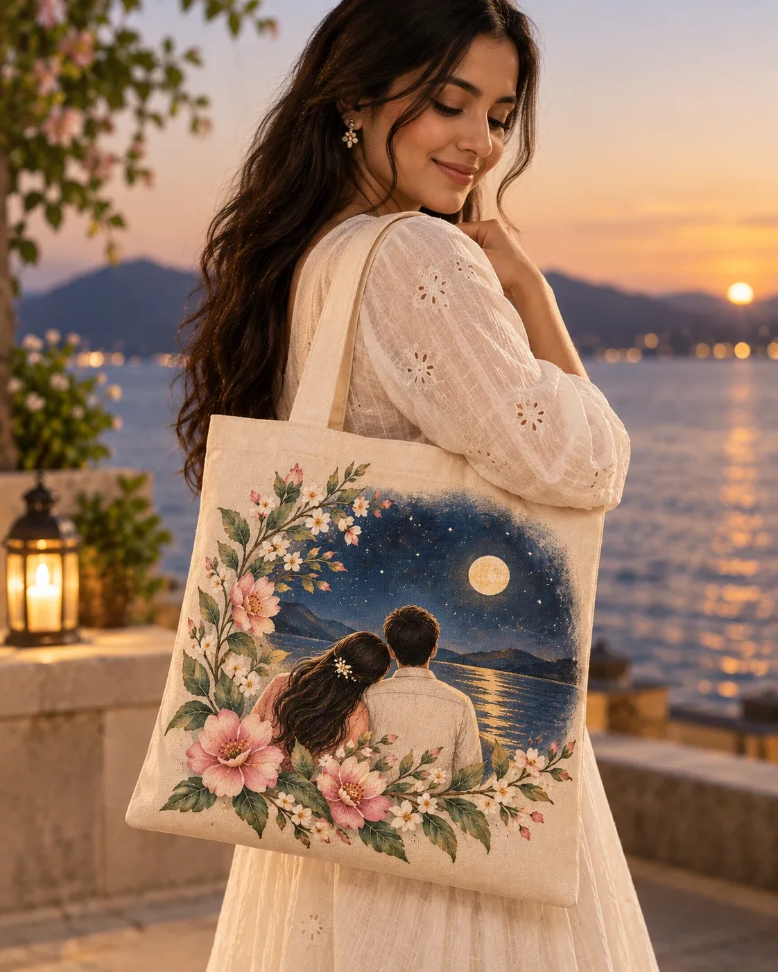 A woman carrying a canvas tote hand-painted with a moonlit couple, beside water at sunset.