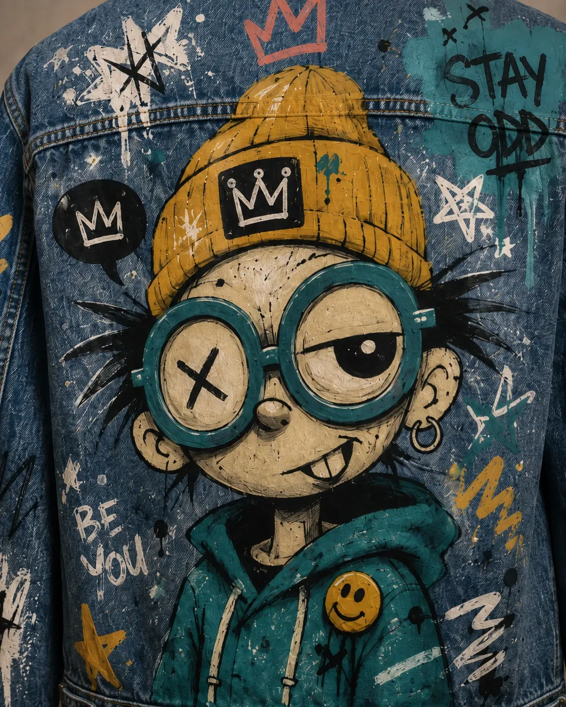 Close-up of the hand-painted character on denim, showing brush strokes in the face and painted lettering.