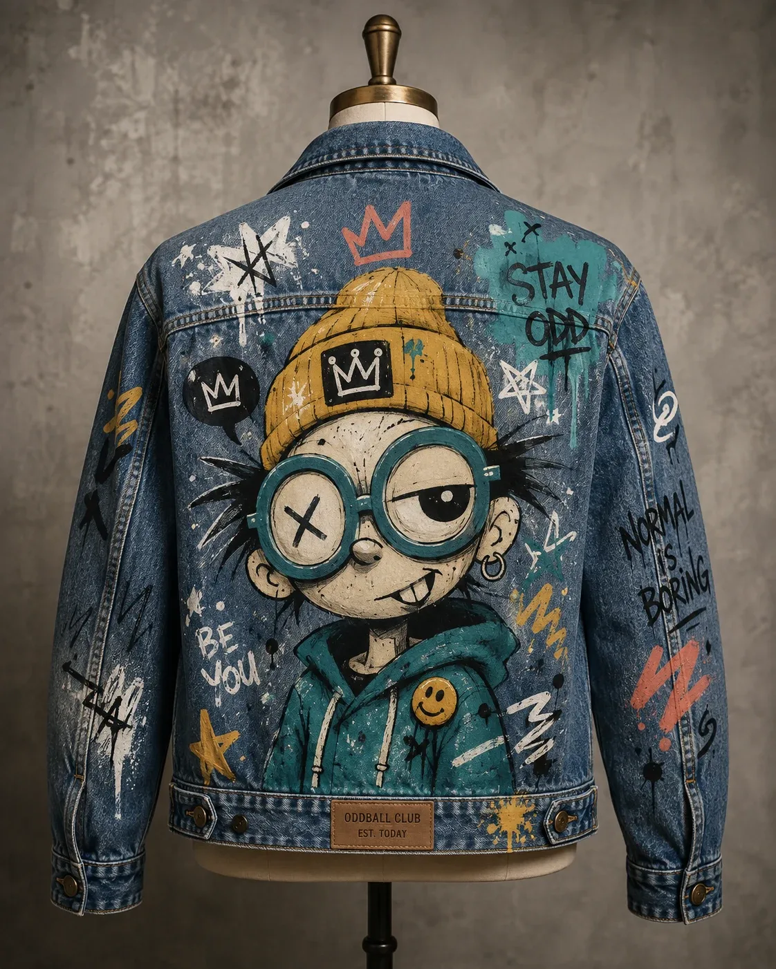 A denim jacket on a stand, hand-painted with a street-art character in a mustard beanie surrounded by graffiti marks.