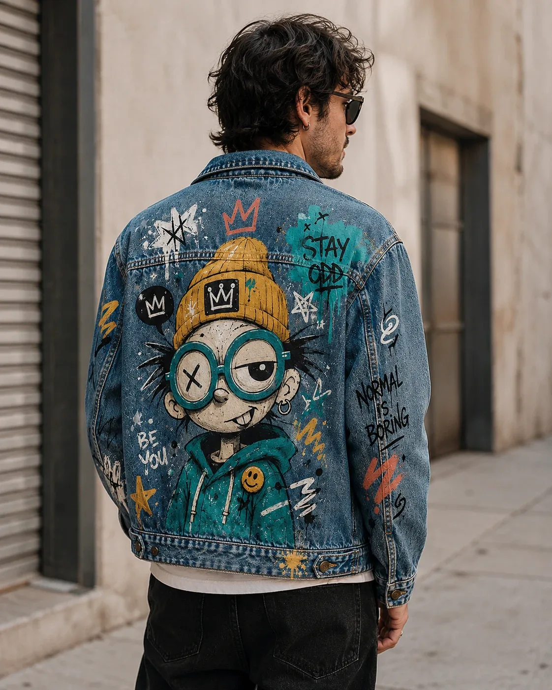 A man walking down a street wearing a denim jacket hand-painted with a bold street-art character across the back.