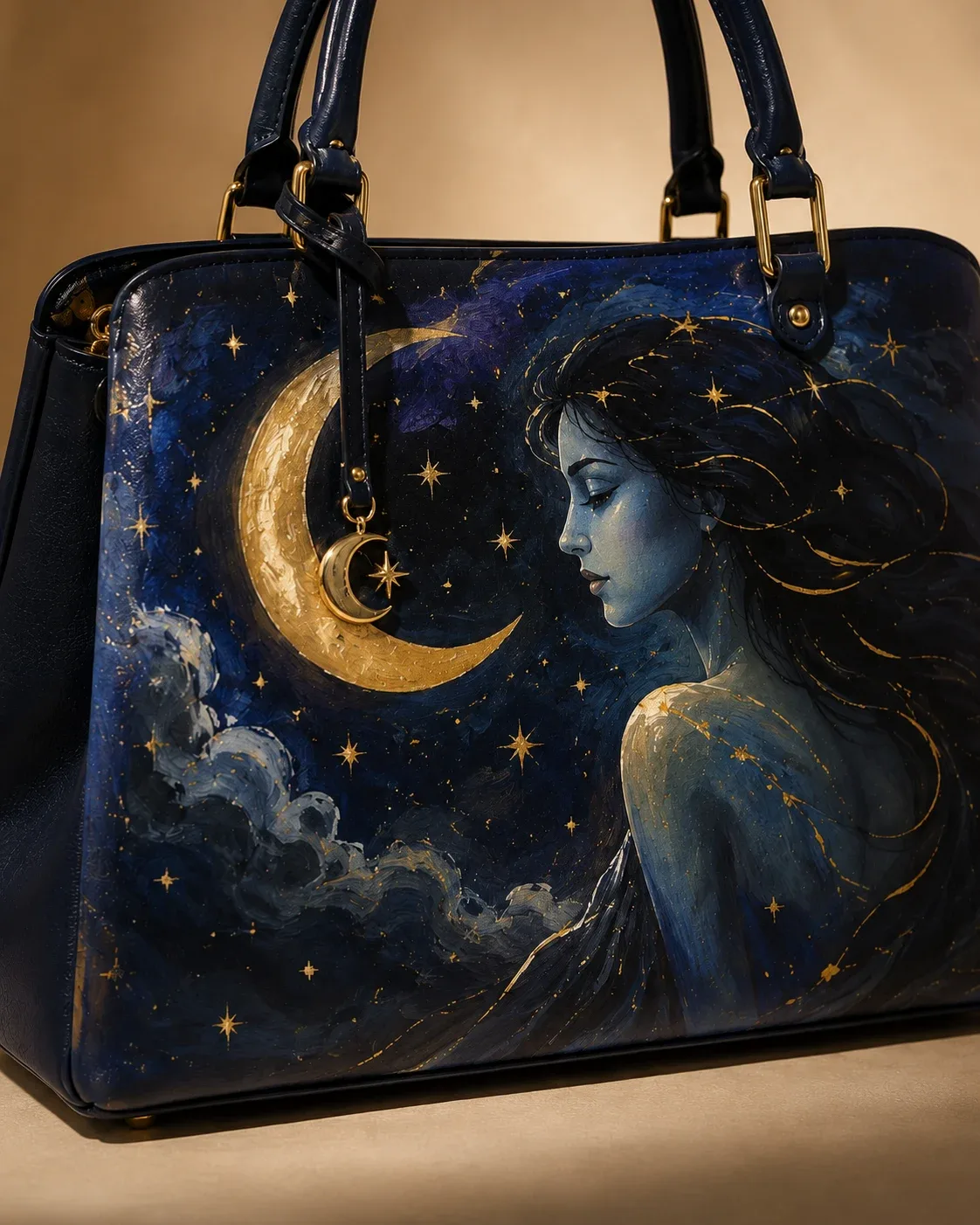 Close-up of the hand-painted figure and gold crescent moon on the navy handbag.