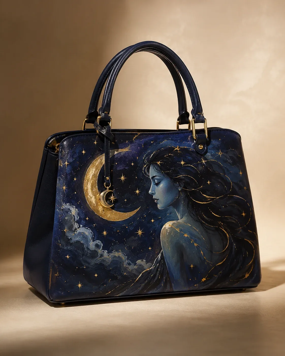 A navy handbag hand-painted with a moonlit figure in deep blues and gold against a starry sky.