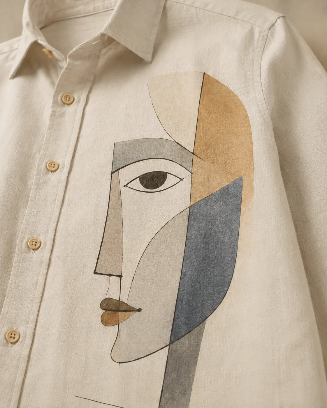 Close-up of the hand-painted face on linen, showing the fine drawn line and flat blocks of colour.