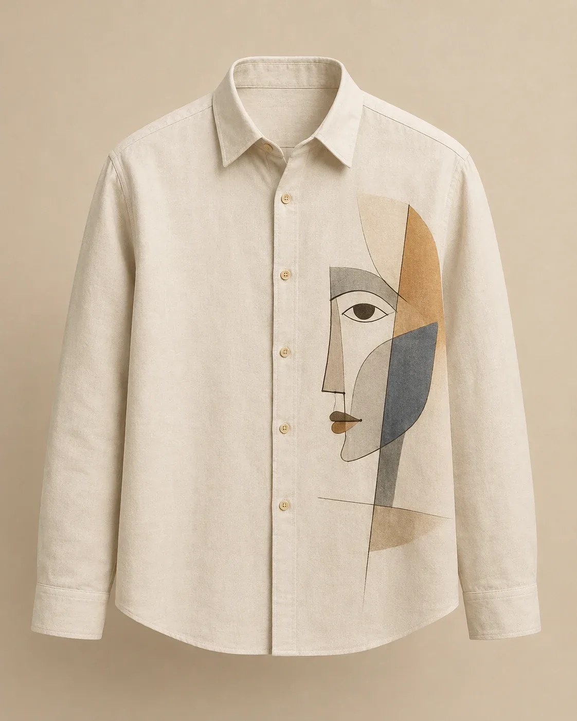 A natural linen shirt hand-painted with a minimal line-drawn face in ochre, slate and taupe.
