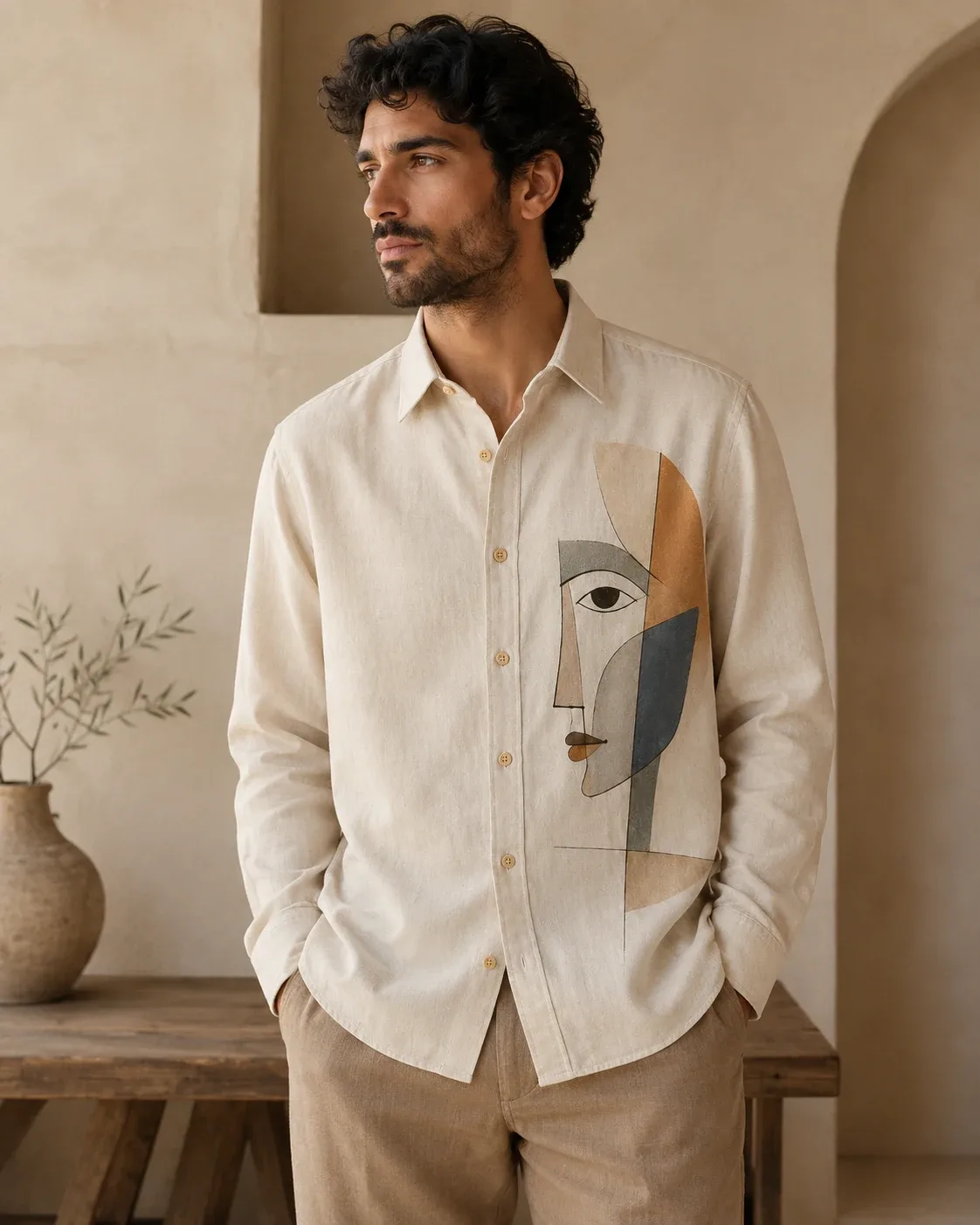 A man wearing a natural linen shirt hand-painted with a minimal line-drawn face.